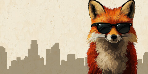 Sticker - A cool fox with sunglasses in front of a city skyline.