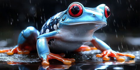 a vibrant blue and orange frog with striking red eyes sits in the rain, its skin glistening.