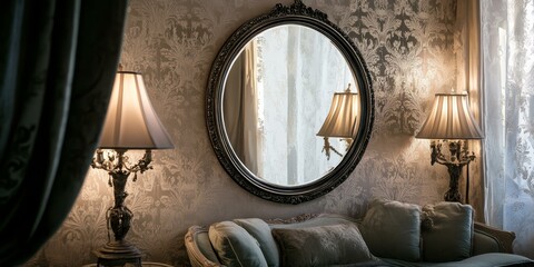 Wall Mural - Elegant room with lamps, ornate mirror, and couch.