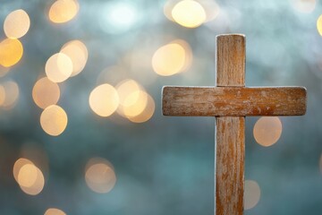 Poster - A wooden cross on a blurred background with bokeh lights, providing a concept for Christian holiday celebrations like Easter or Christmas time Generative AI