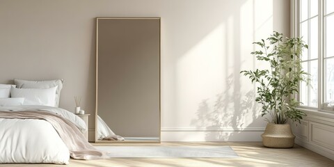 Poster - A bedroom with a large mirror, a bed, a plant