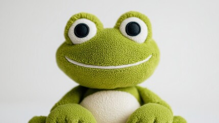 Close-up shot of a cute plush toy frog smiling widely - Stuffed animal frog toy.