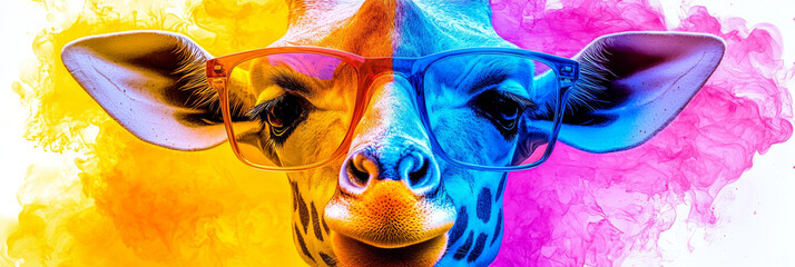 Sticker - A close-up of a giraffe's face with colorful ink swirling behind it. The giraffe is wearing glasses and looks straight ahead.