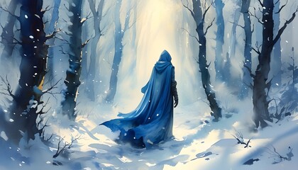 Ethereal winter forest with a solitary figure in a flowing blue gown illuminated by soft light, evoking magic and a fairytale atmosphere in watercolor illustration