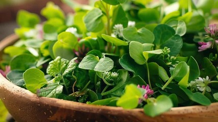 Poster - Wooden bowl is filled with freshly picked edible flowers and plants, ready to be used in a variety of culinary creations