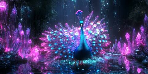 Sticker - Peacock with glowing feathers in a crystal cave.