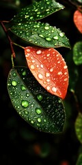 Wall Mural - Dew-covered green and red leaves, close-up