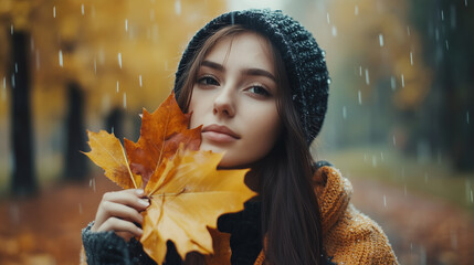 Wall Mural - Young woman posing with yellow maple leaves on a rainy autumn day in the park