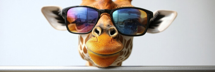 Wall Mural - A giraffe wearing sunglasses looks at the camera with a playful expression.