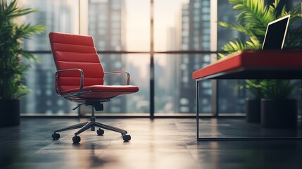 In a modern workspace, employees go to work and sit in a red office chair in front of a computer. Remote internet connection in the indoors. Modern workspace or workplace interior design.