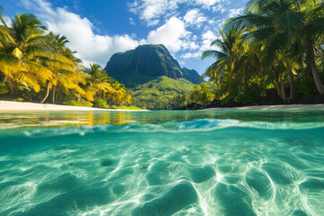 Wall Mural - Beautiful tropical landscape with sandy beach and crystal clear turquoise ocean, with lush greenery and palm trees