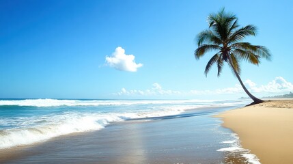 A serene coastline unfolds with a lone palm tree standing tall, while soft waves kiss the sandy beach beneath a clear, vibrant sky