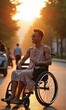 © val - A young man in a wheelchair enjoys a sunny evening in the city, radiating joy and confidence amidst a vibrant and inclusive atmosphere.