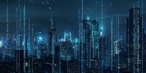 Blue illuminated skyscrapers at night.