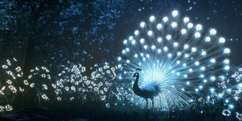 Canvas Print - A glowing peacock stands in a dark forest.