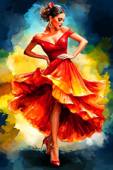 Wall Mural - Watercolor illustration of a Spanish woman in a red flamenco dress, dancing with passion and style.