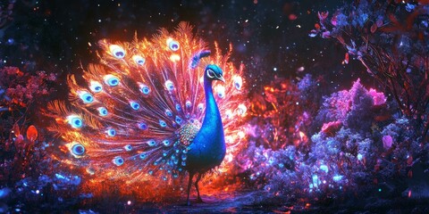 Sticker - Peacock with glowing feathers in a magical forest.