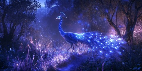 Sticker - A glowing peacock in a magical forest.