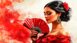 © Tanya - Beautiful Spanish woman in a red flamenco dress, captured in a watercolor illustration, showcasing cultural dance. Copy space.