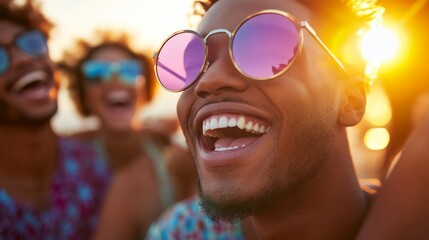 A group of multi-ethnic men enjoying sunset on the beach with a sand dune in the background. Happy people laughing together during their summer vacation.