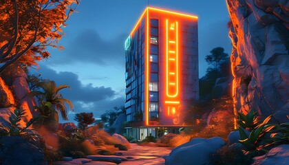 Illuminated skyscraper displaying number 100 in neon orange, nestled among greenery and natural rock formations