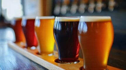 Poster - A row of six glasses with different colored beers on a tray, AI