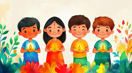 Illustration of Indian children in colorful traditional attire holding an oil lamp during Diwali on a white background.