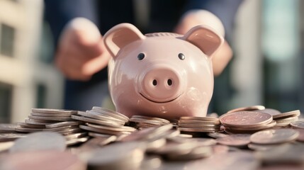 Canvas Print - A person is putting coins into a piggy bank, AI