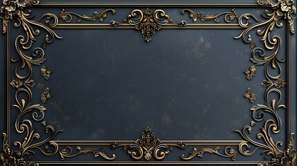 Vintage dark grey and gold ornate frame with intricate carvings. Antique decorative design with textured background. Ideal for luxury banners, posters, and marketing materials with copy space.