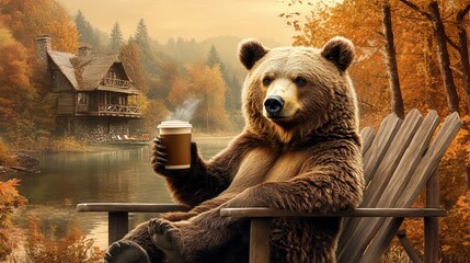 a funny bear is relaxing with a white cup or mug near the lake water; he is sitting on a wooden chai