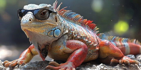 Wall Mural - A colorful iguana with a cool attitude, wearing sunglasses and basking in the sun.