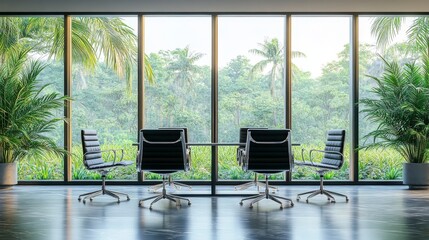 Wall Mural - Nobody is in the modern and elegant empty office with black chairs and mat black metal table, a shiny gray floor with tropical plants, seminar conference meeting boardroom.