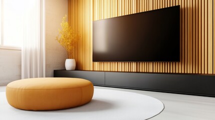 Sticker - A television mounted on the wall in a room with white walls and yellow accents, AI