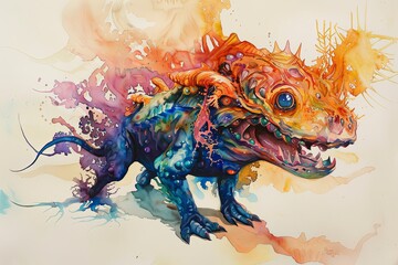 Wall Mural - Watercolor painting of a colorful, fantastical creature with sharp teeth