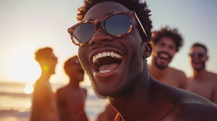 People enjoying their summer friendship together, laughing together, and having leisure time with diverse multiethnic friends on a sand beach during sunset.