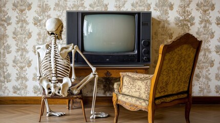 Wall Mural - Rear view of skeleton watching vintage TV on an armchair sofa couch. Television screen home entertainment lifestyle, media news watching, mind control, manipulation, propaganda.