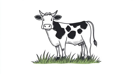 Wall Mural - An outline contour coloring page drawing of a cow in a pasture. Illustration of a cow on a farm, cattle mammal in a village, nature education for kids