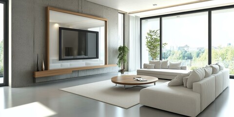 Canvas Print - Modern living room with a white couch and large window.