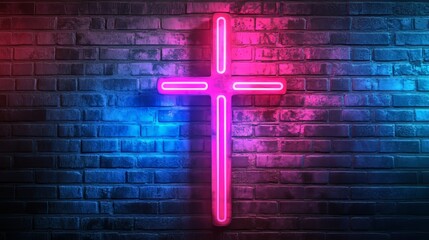 The Christian cross symbol is in pink purple neon on a brick wall background. In Christianity, the cross symbolizes salvation and soul rescue, worship of the risen Lord, miracle, gospel, forgiveness,