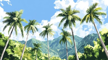 Wall Mural - Mountain Landscape with Tropical Jungle, A Scenic View of Forests and Hills, Wildlife and Nature, A Summer Travel Adventure, Lush Greenery, Clouds and Peaks in a Paradise Rainforest