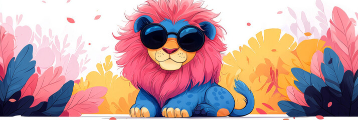 Sticker - Cool lion with pink mane and blue fur sporting sunglasses in a colorful floral setting.