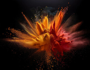 Explosive burst of colorful spices captured mid-air, with vibrant powders like turmeric, pap