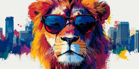 Poster - A colorful illustration of a lion wearing sunglasses, set against a city skyline.