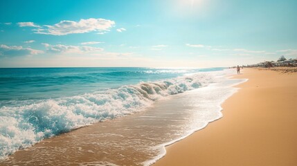 sunny day at the beach with people playing in the sand and waves