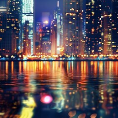 Wall Mural - abstract background with A nighttime cityscape with brightly lit skyscrapers reflecting