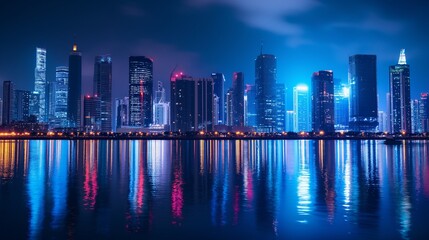 Wall Mural - abstract background with A nighttime cityscape with brightly lit skyscrapers reflecting