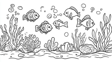 An underwater outline contour drawing illustration for coloring book pages. Marine aquarium wildlife doodle sketch.