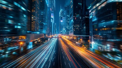 Wall Mural - background with A nighttime view of a futuristic city with glowing skyscrapers and moving traffic