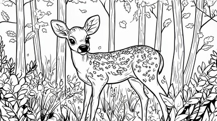 Forest wildlife nature outline contour drawing illustration for coloring book page. Baby character sketch, deer animal line art, kindergarten children education fauna.