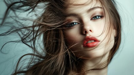 Wall Mural - Close-up Portrait of a Woman with Windblown Hair and Red Lips